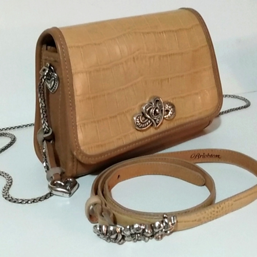 Brighton Leather Tan Crossbody Shoulder Silvertone Chain Strap